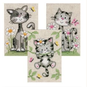 Vervaco Counted Cross Stitch Kit: Cats & Flowers: Set of 3